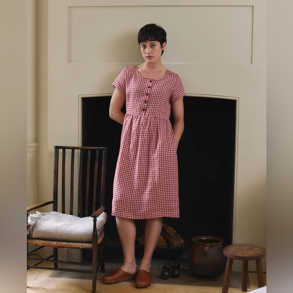 pyne & and smith no number 11 classic button up linen dress in geranium check